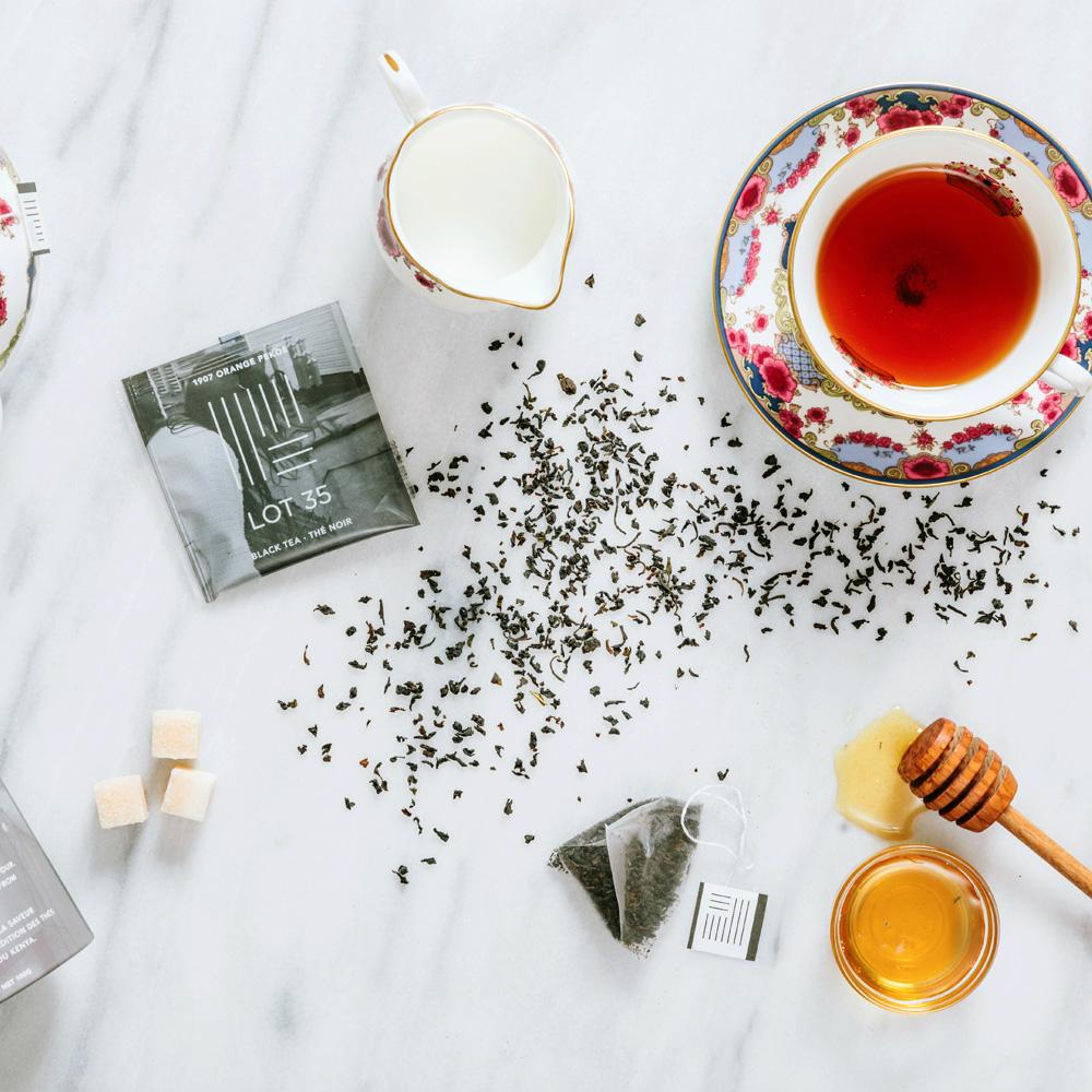 Sugar cubes and tea on kitchen table
