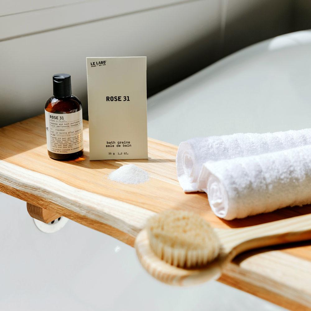 Le Labo Rose 31 massage and body perfuming oil on bath tray