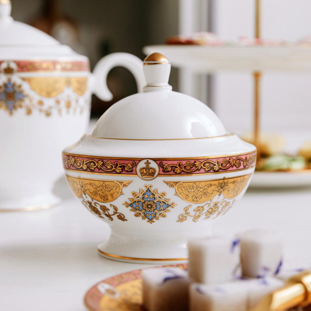 Library Collection sugar bowl with London Fog sugar cubes in tea setting