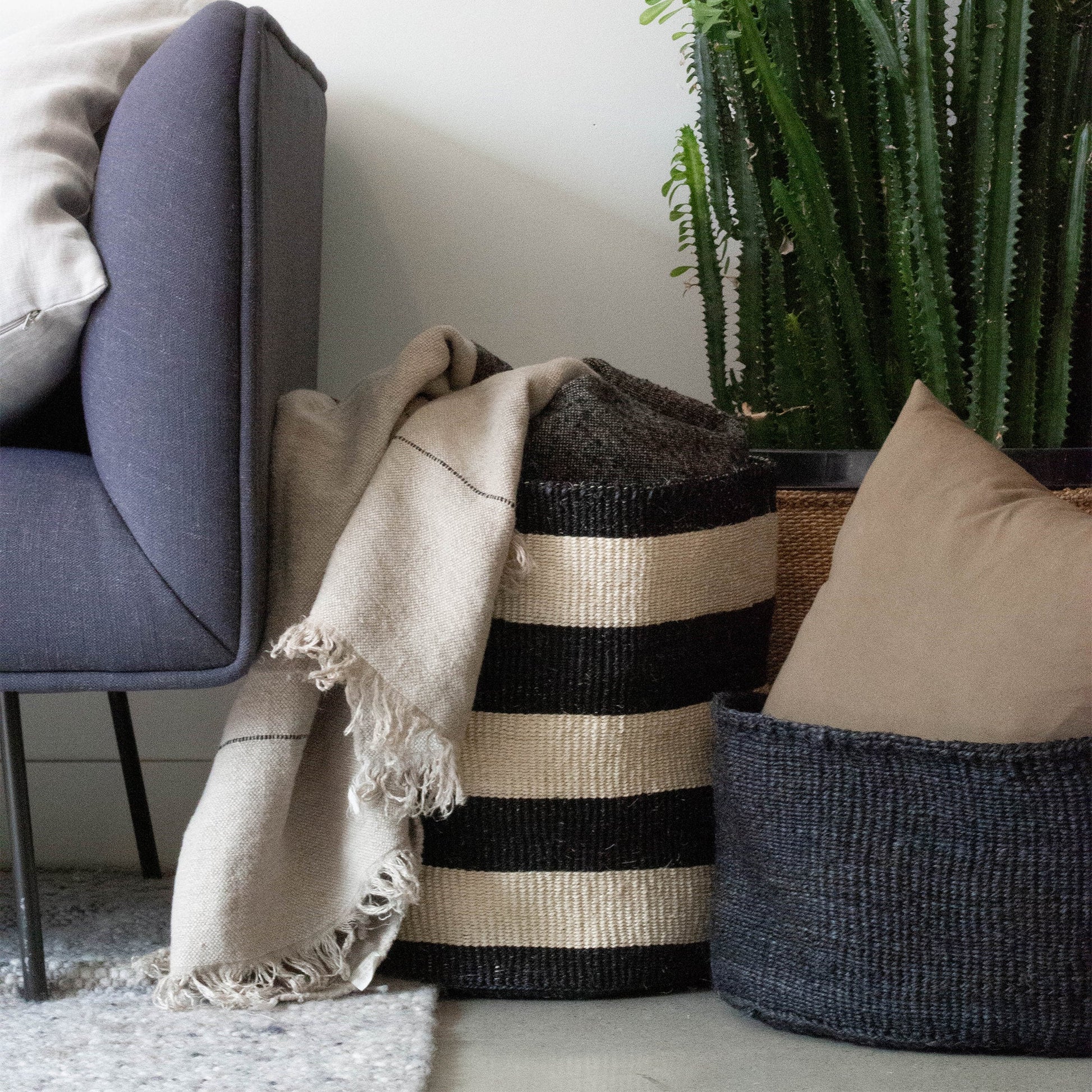 18" Sisal Basket | Stripes Baskets Black